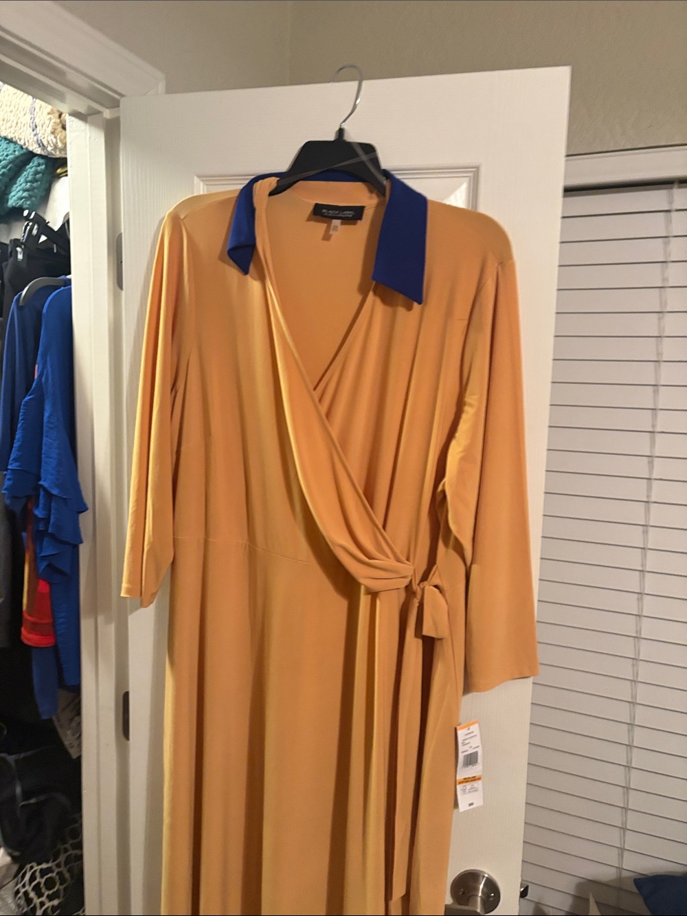 Mustard Wrap Dress with Contrasting Blue Collar